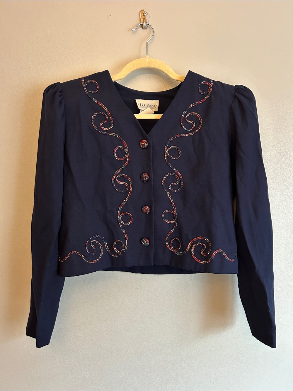 VTG Miss Dorby Navy Embroidered Crop Jacket with Swirl Trim - Women's SZ 12
